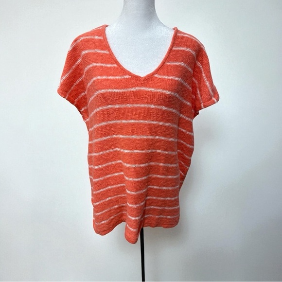 LOFT Orange and White Striped V-Neck Tee - Picture 2 of 6